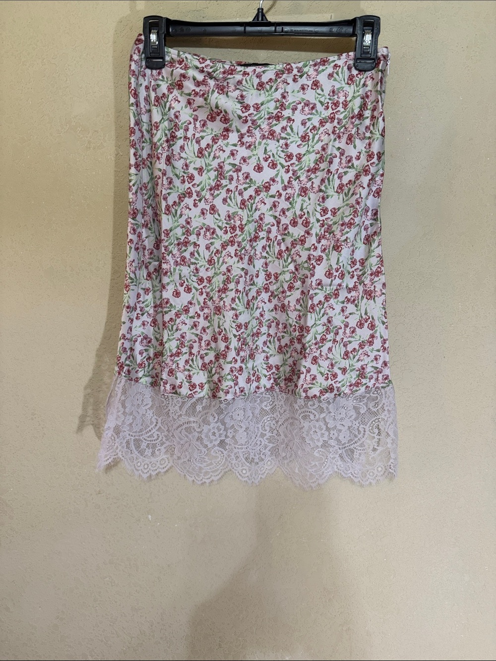 Forever 21 White Floral Slip Skirt with Red Flowers and Green Stems